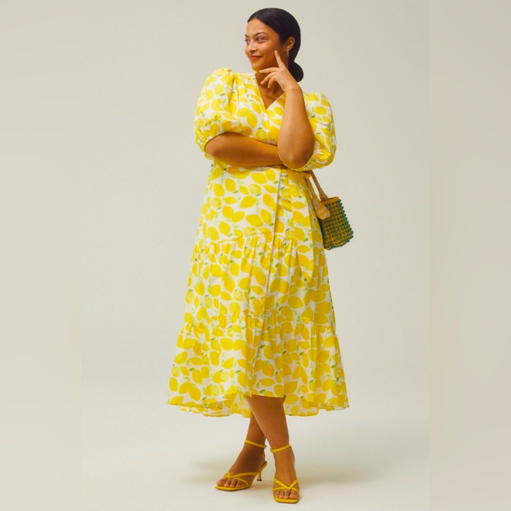 Anthropologie Yellow Wrap Midi Dress with Puff Sleeves